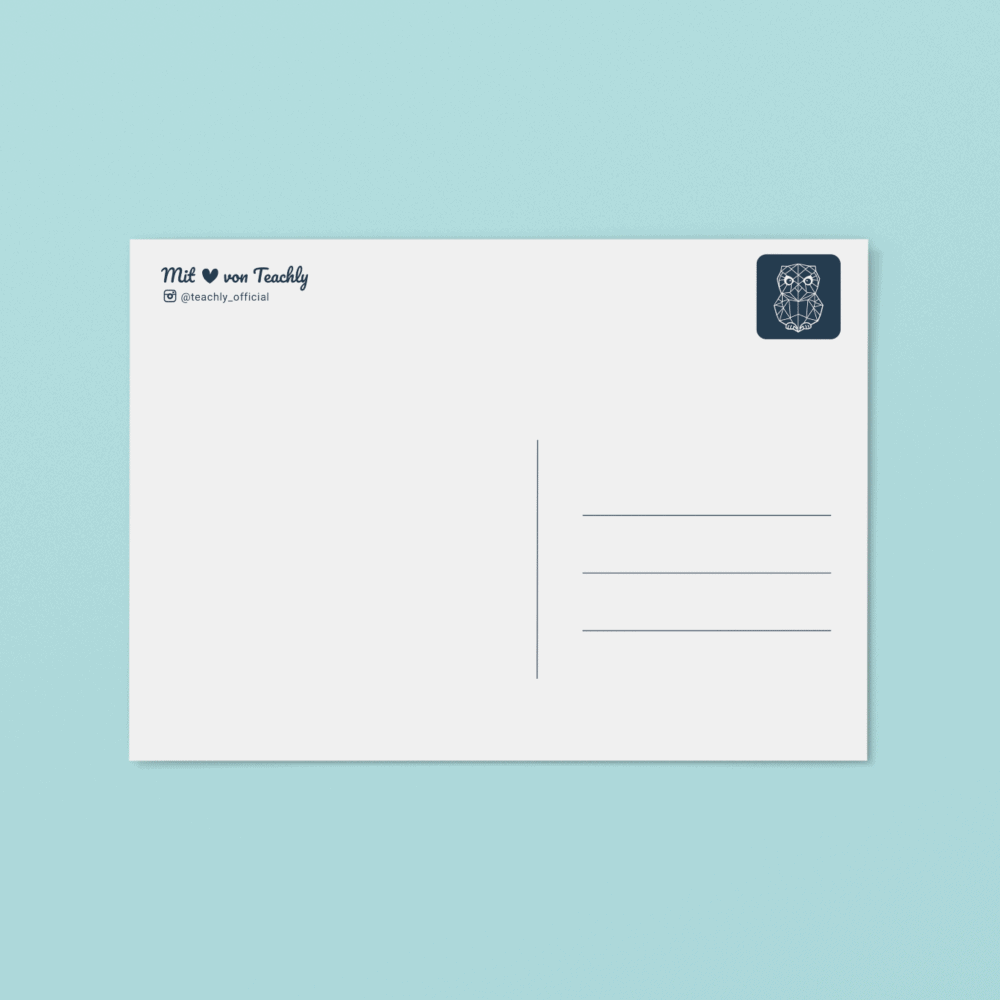 Rückseite der Teachly Gruß & Postkarte mit dem Motiv Lehrer, ein Mann mit Klasse
