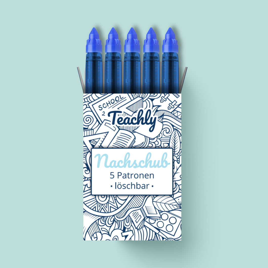 Nachschub Pack mit 5 Tintenrollerpatronen mit Schreibfarbe Blau (löschbar) für die beiden Teachly Tintenroller Superstudent & Superteacher