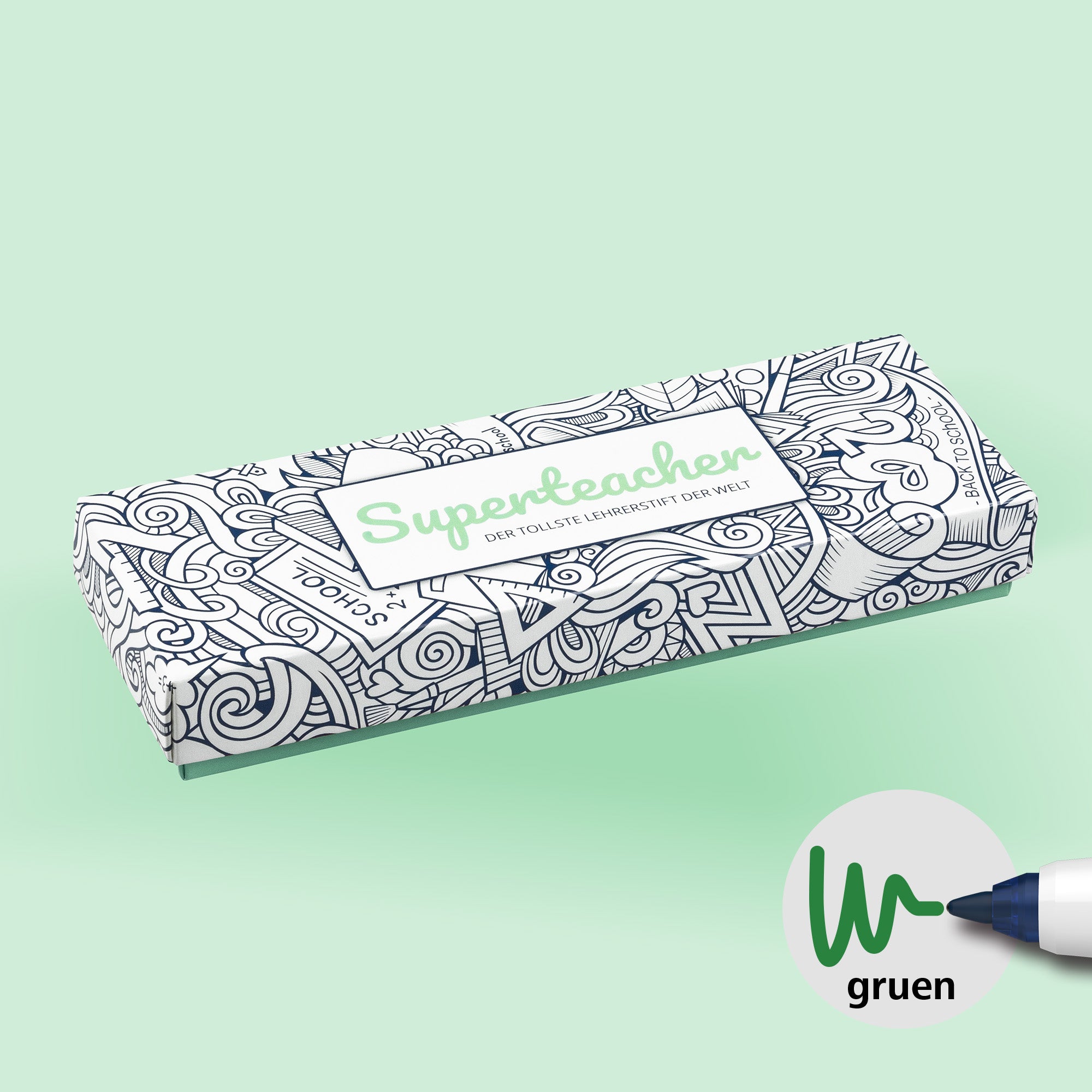 Das kreativ verzierte Verpackungsdesign des mintfarbenen Superteacher von Teachly