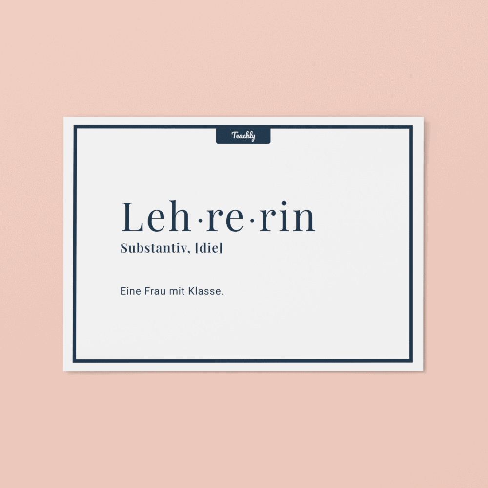 Vorderseite der Teachly Abschiedsgeschenk & Dankeskarte mit dem Motiv Lehrerin, eine Frau mit Klasse