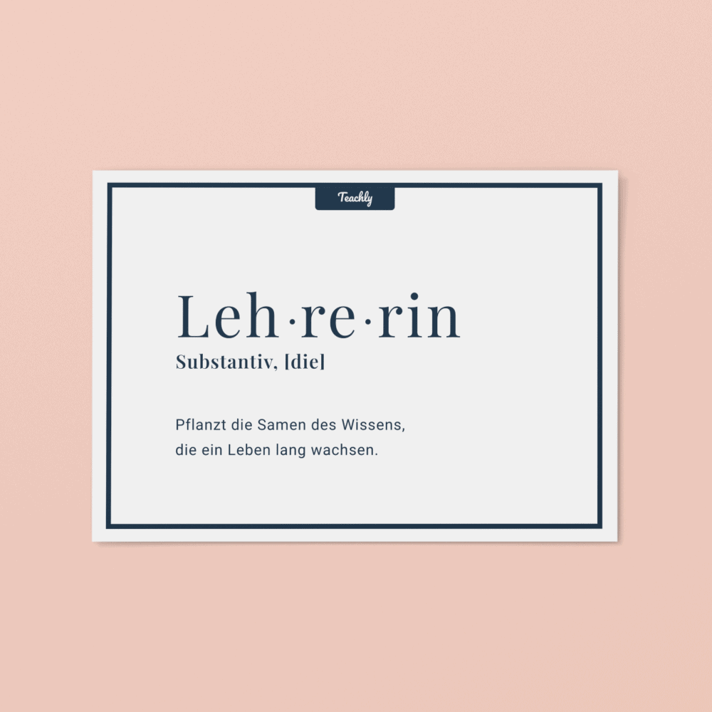 Vorderseite der Teachly Abschiedsgeschenk & Dankeskarte mit dem Motiv Lehrerin, pflanzt die Samen des Wissens