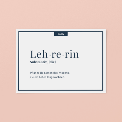 Vorderseite der Teachly Abschiedsgeschenk & Dankeskarte mit dem Motiv Lehrerin, pflanzt die Samen des Wissens