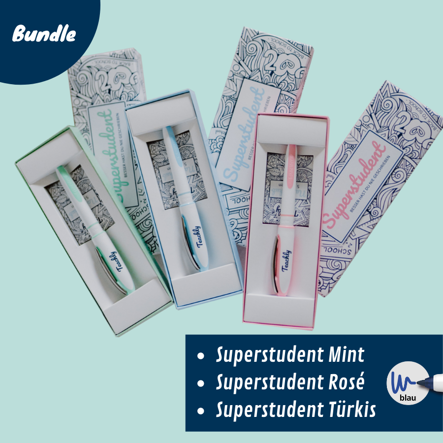 Die Superstudent Tintenroller von Teachly in den Farben Türkis, Rosé und Mint