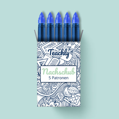Nachschub Pack mit 5 Tintenrollerpatronen mit Ultra-Smooth-Spitze und einer Strichstärke von ca. 0,6 mm für die beiden Teachly Tintenroller Superstudent & Superteacher