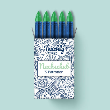 Nachschub Pack mit 5 Tintenrollerpatronen mit Schreibfarbe Grün für die beiden Teachly Tintenroller Superstudent & Superteacher