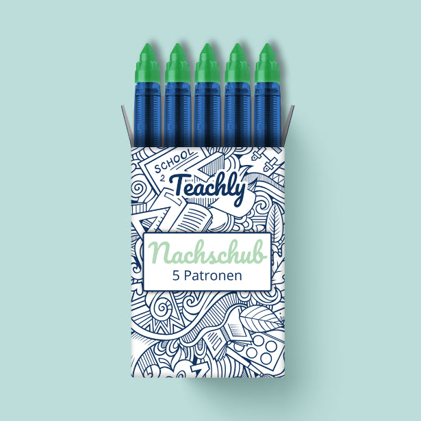 Nachschub Pack mit 5 Tintenrollerpatronen mit Schreibfarbe Grün für die beiden Teachly Tintenroller Superstudent & Superteacher