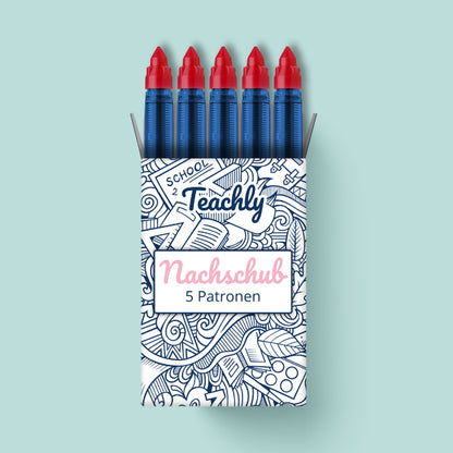 Nachschub Pack mit 5 Tintenrollerpatronen mit Schreibfarbe Rot für die beiden Teachly Tintenroller Superstudent & Superteacher