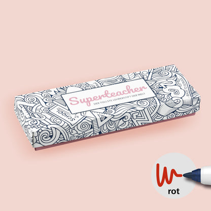 Das kreativ verzierte Verpackungsdesign des roséfarbenen Superteacher von Teachly