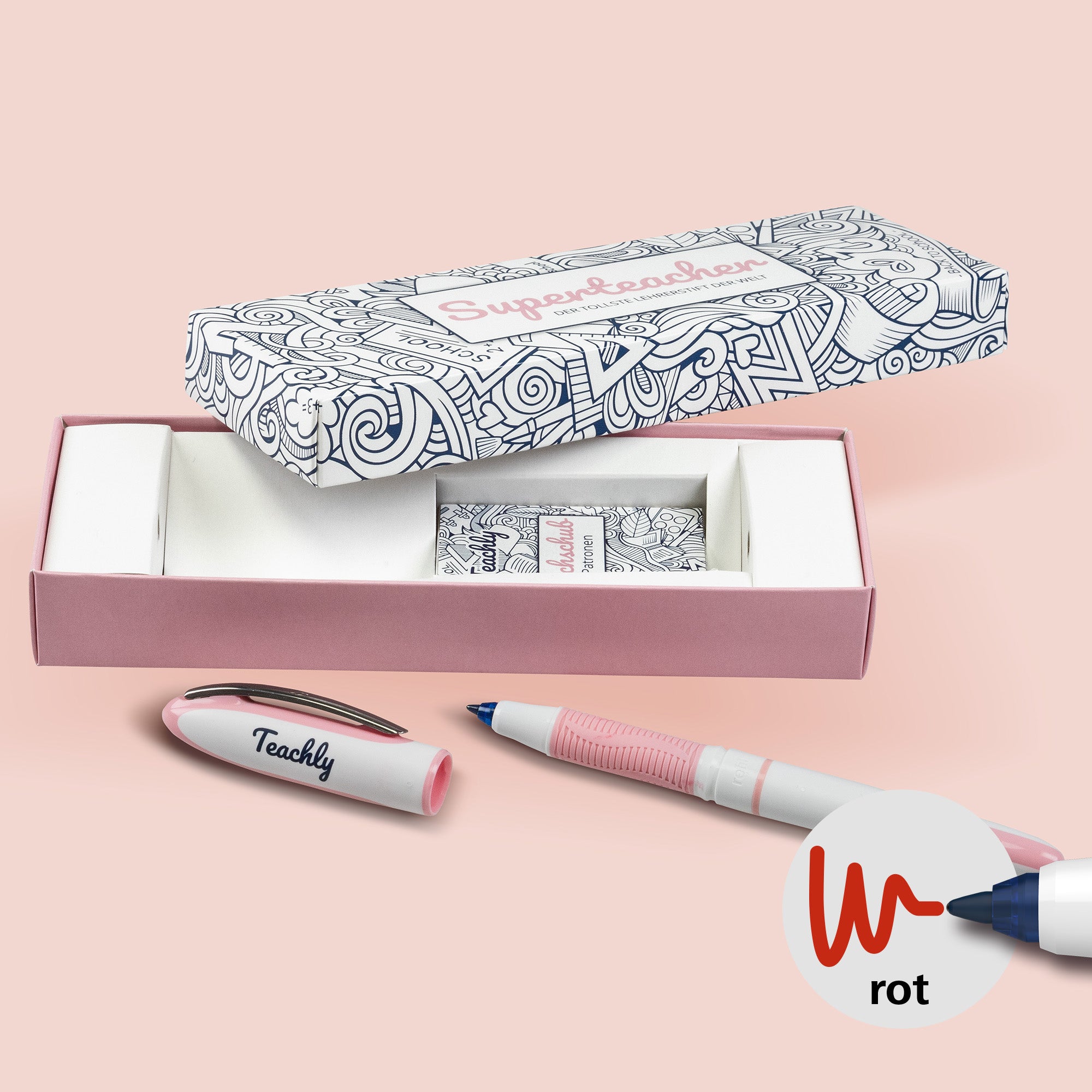 Teachly Superteacher in Rosé mit abgenommener Kappe vor seiner Verpackung liegend