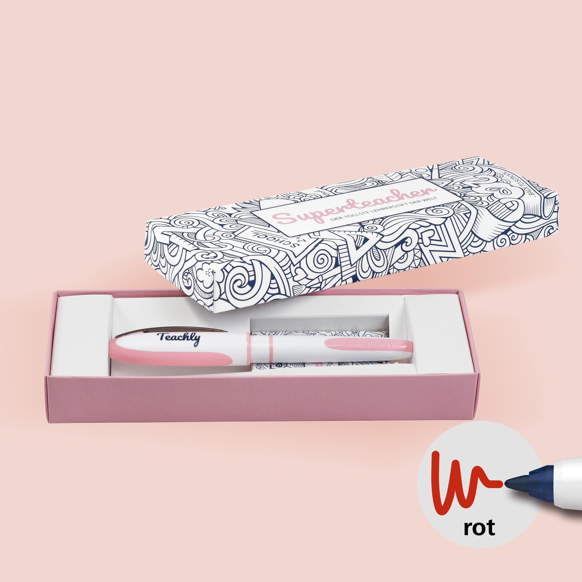 Teachly Superteacher in Rosé zusammen mit seiner als Geschenk geeigneten Verpackung