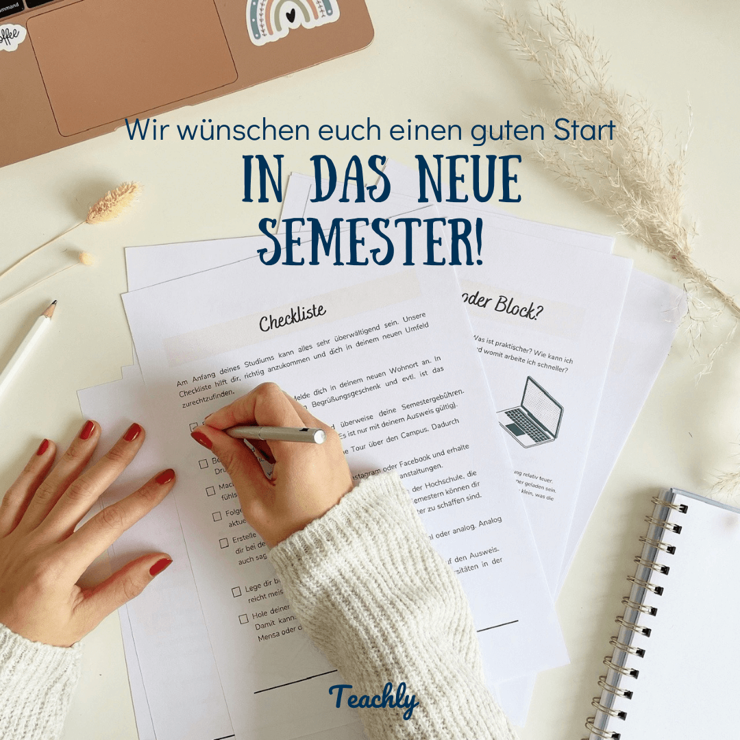 Ausgedruckte Studienstart Checkliste aus dem Superstudent Guide E-Book von Teachly
