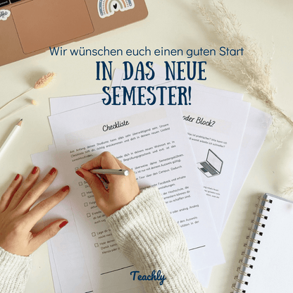 Ausgedruckte Studienstart Checkliste aus dem Superstudent Guide E-Book von Teachly
